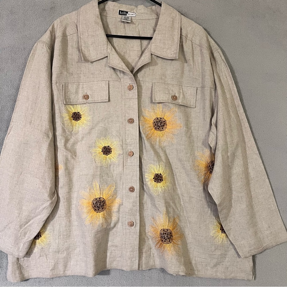 Kelly Scott Womens Linen blend Shirt Jacket Embroidered Sunflowers Plus Sz 3X